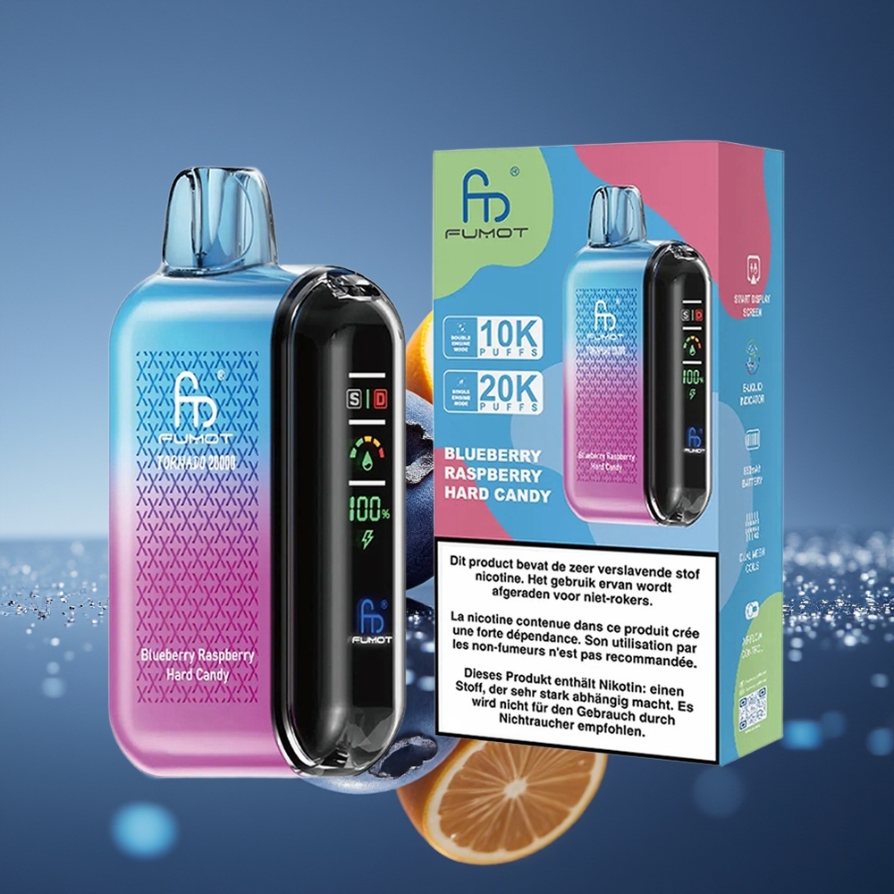 Fumot Tornado 20000 Puffs Arándano Frambuesa Caramelo Duro Dual Mesh Coil Smart Display