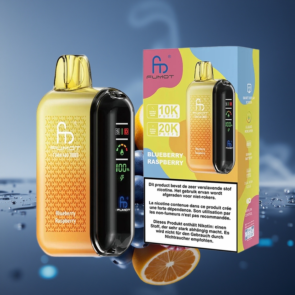 Fumot Tornado 20000 Puffs Arándano Frambuesa Dual Mesh Coil Smart Display