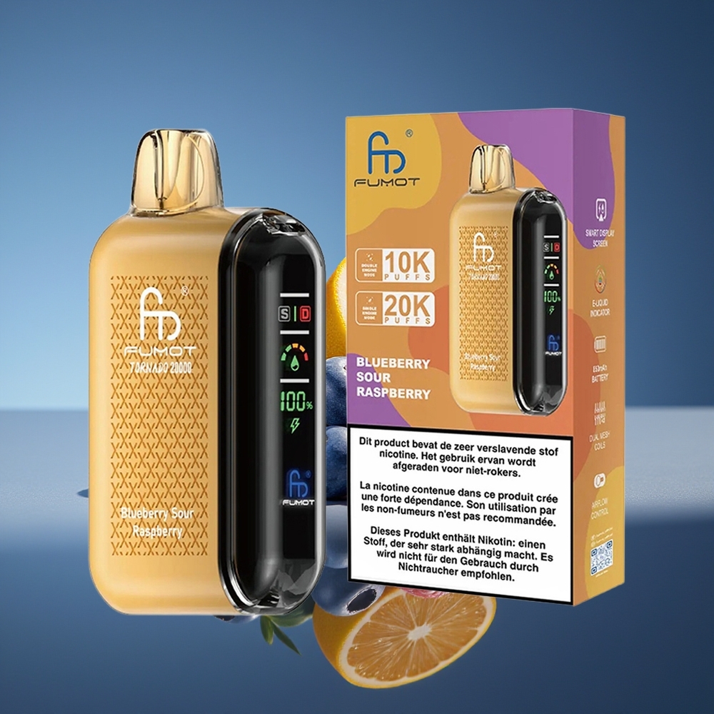 Fumot Tornado 20000 Puffs Arándano Frambuesa Ácida Dual Mesh Coil Smart Display