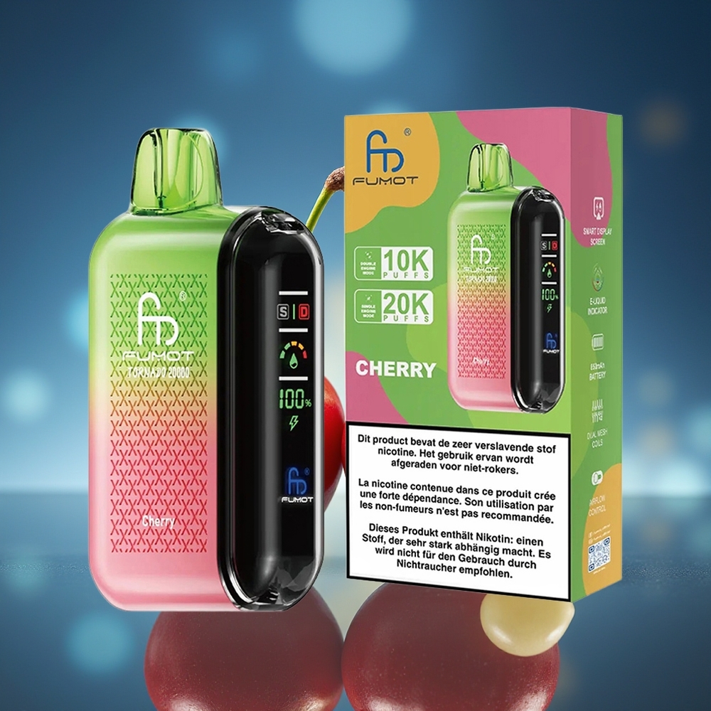 Fumot Tornado 20000 Puffs Cereza Dual Mesh Coil Pantalla Inteligente