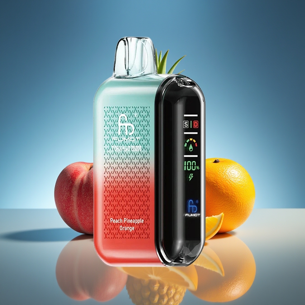 Fumot Tornado 20000 Puffs Durazno Piña Naranja Dual Mesh Coil Smart Display