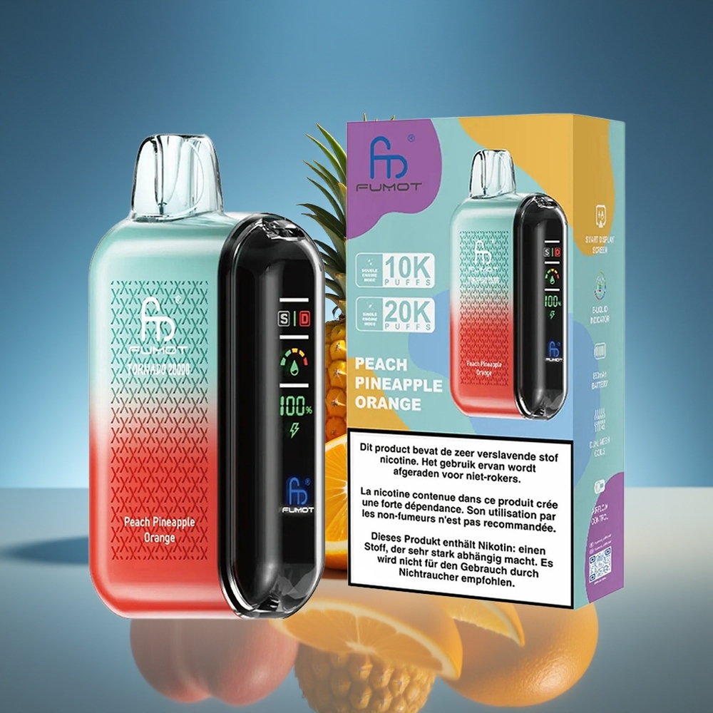 Fumot Tornado 20000 Puffs Durazno Piña Naranja Dual Mesh Coil Smart Display