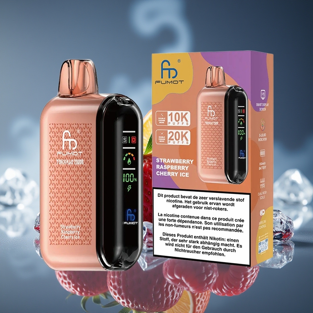 Fumot Tornado 20000 Puffs Fresa Frambuesa Cereza Hielo Dual Mesh Coil Smart Display