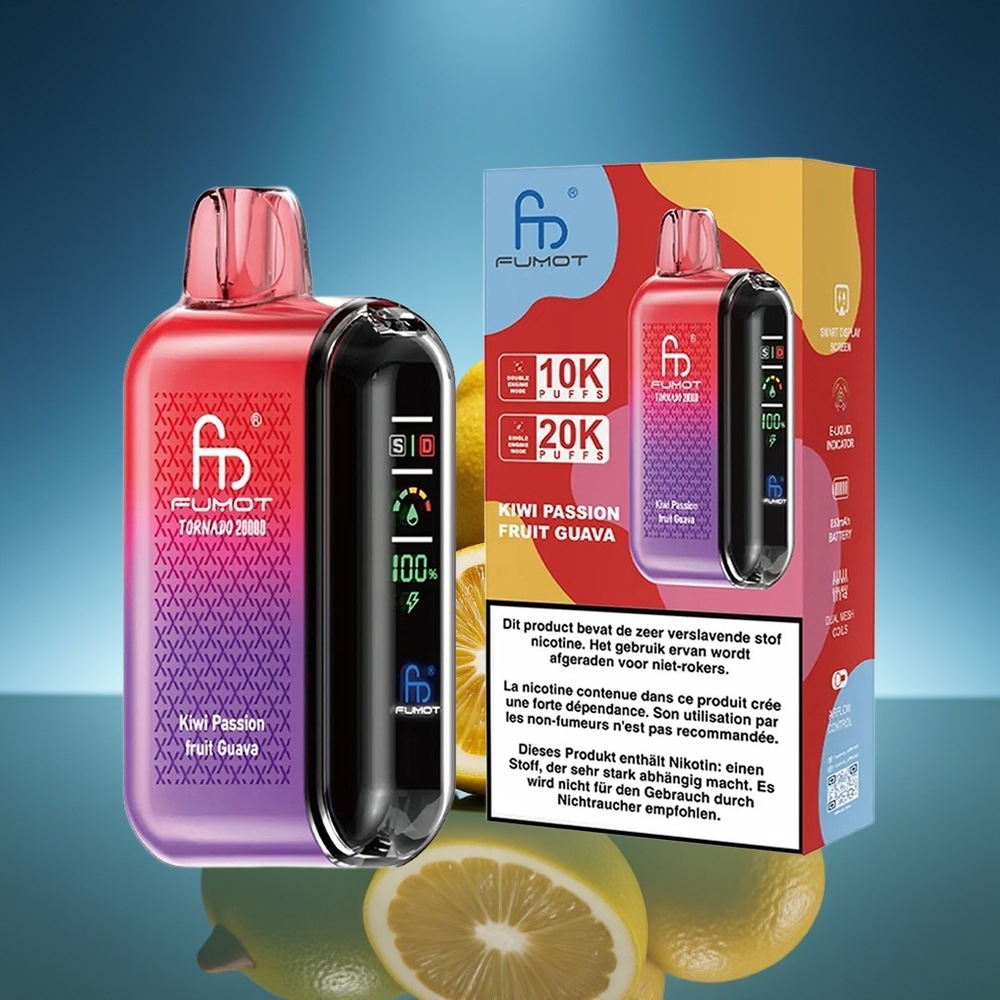 Fumot Tornado 20000 Puffs Kiwi Maracuyá Guayaba Dual Mesh Coil Smart Display