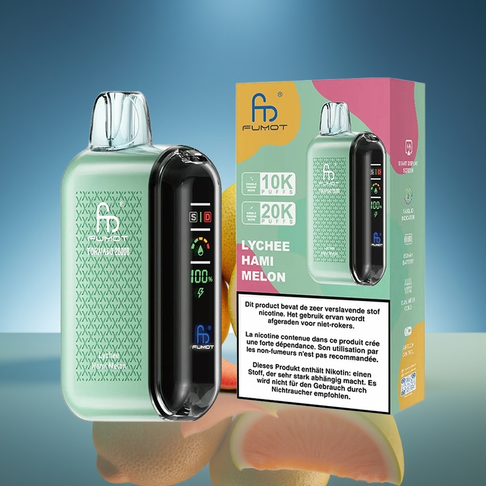 Fumot Tornado 20000 Puffs Lichi Melón Hami Dual Malla Pantalla Inteligente