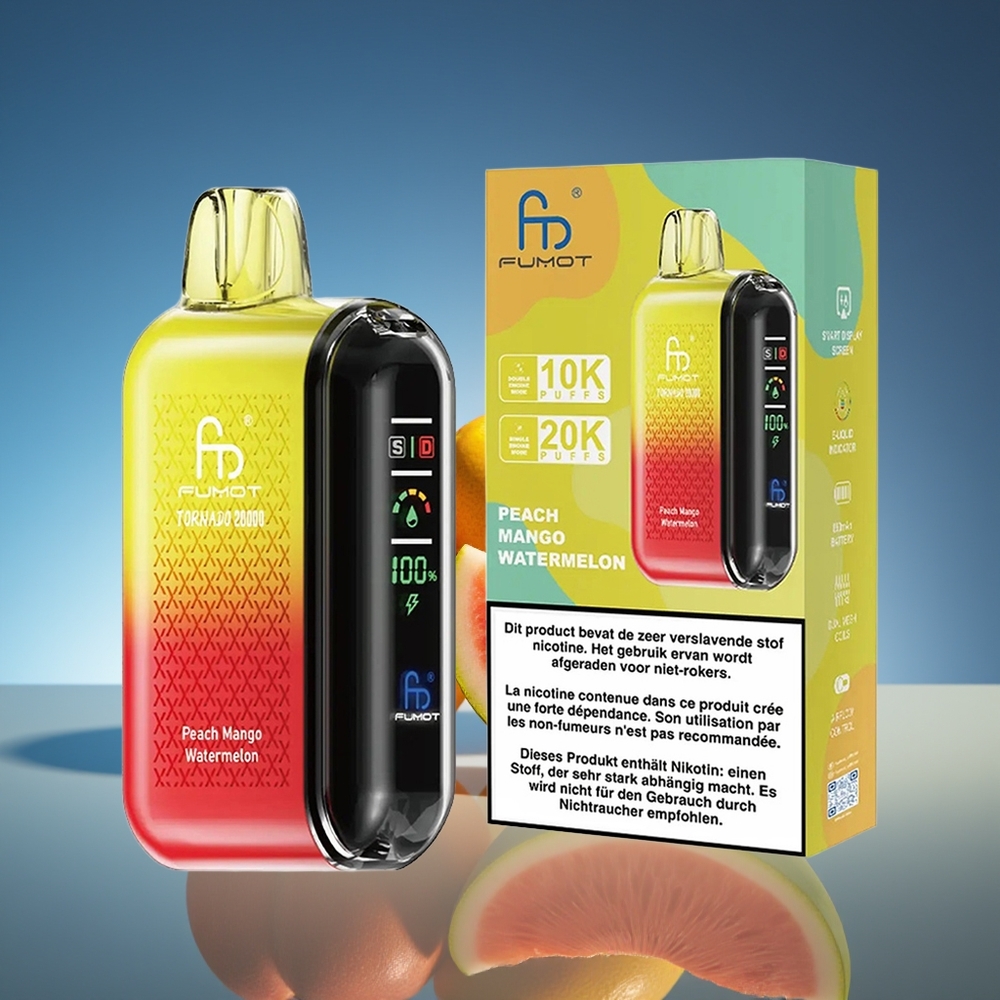 Fumot Tornado 20000 Puffs Melocotón Mango Sandía Dual Mesh Coil Smart Display