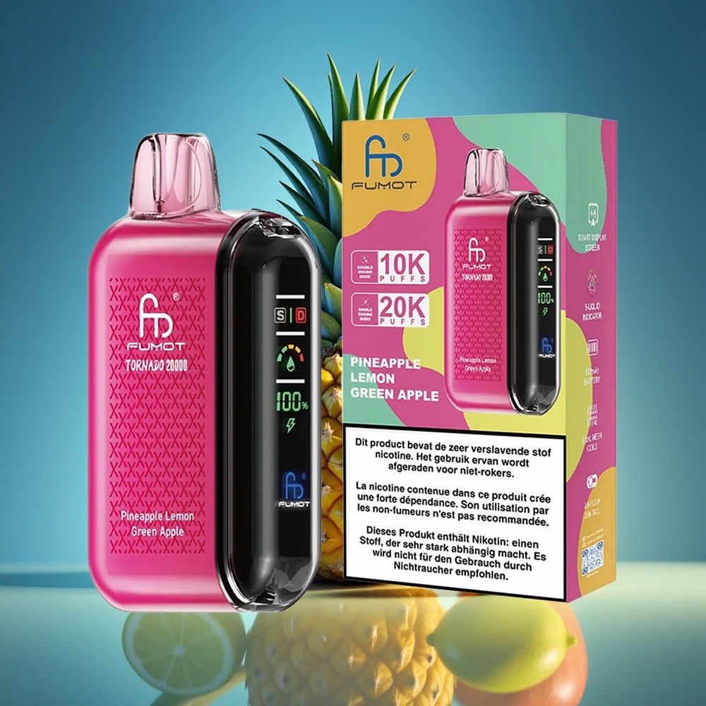 Fumot Tornado 20000 Puffs Piña Limón Manzana Verde Dual Mesh Coil Smart Display