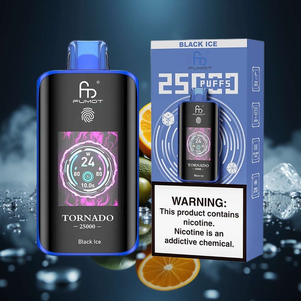 Fumot Tornado 25000 Puffs Negro Hielo Pantalla HD Batería Recargable