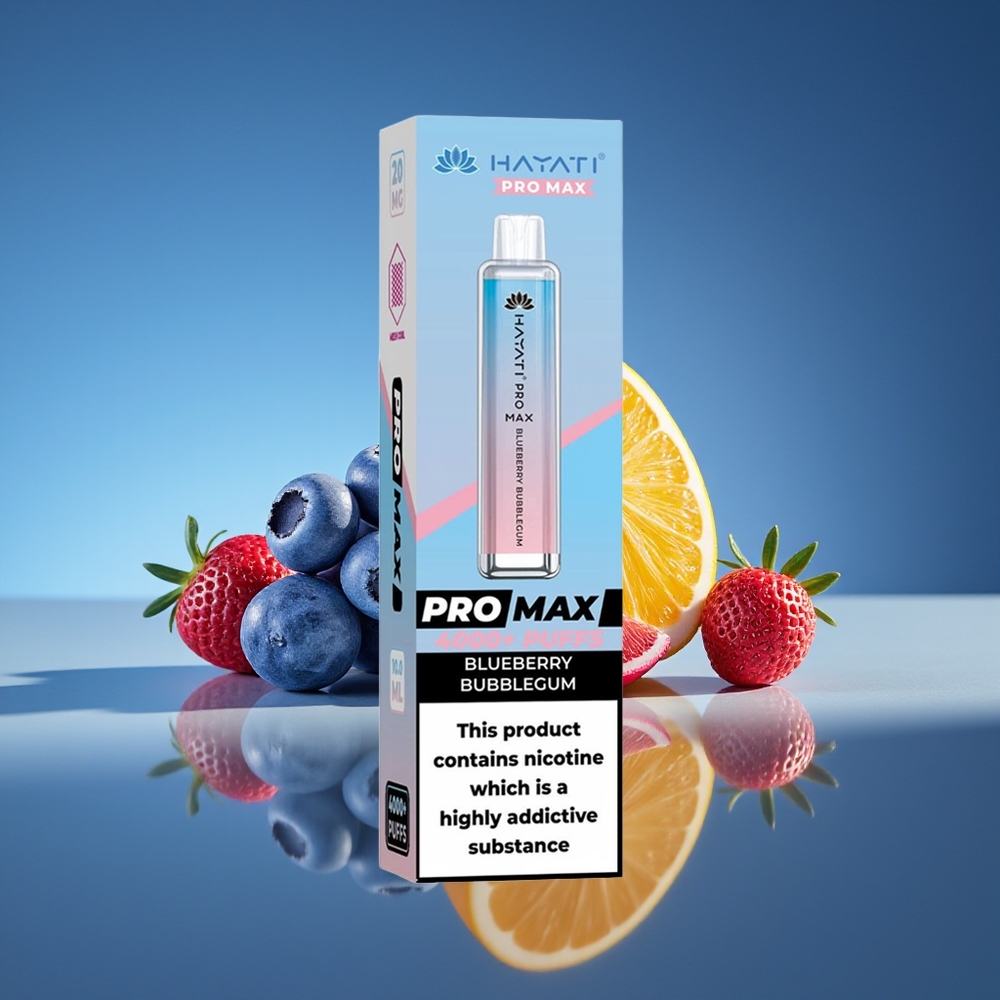 Hayati Pro Max 4000 Puffs Vape Rechargeable Chicle de Arándano Azul Dual 1.1 Ohm Mesh Coil