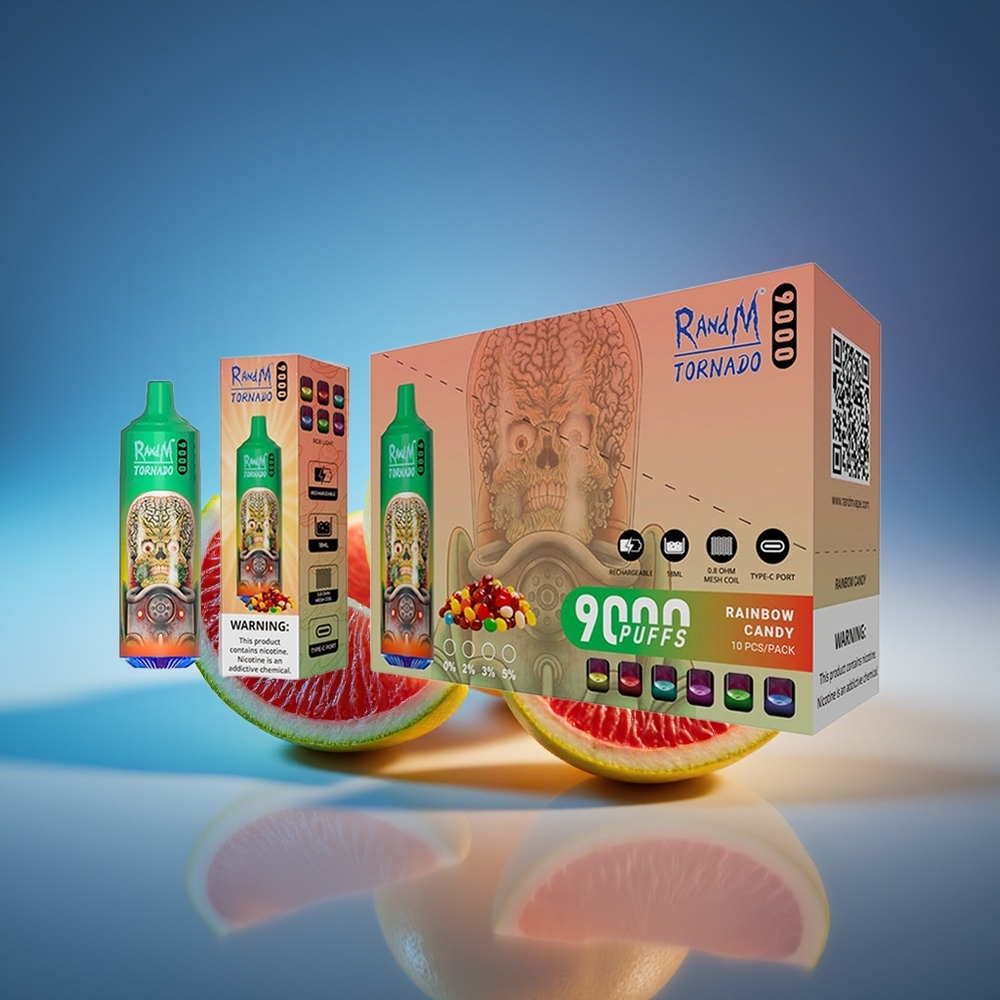 RandM Fumot Tornado 9000 Puffs 54 Sabores Arcoíris Caramelo Pantalla RGB