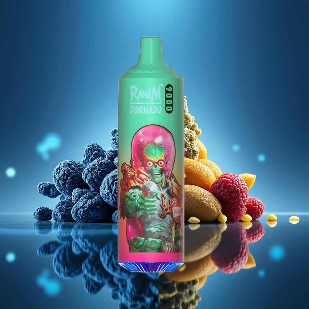 RandM Fumot Tornado 9000 Puffs Azul Frambuesa Kush con Pantalla RGB y Batería Recargable