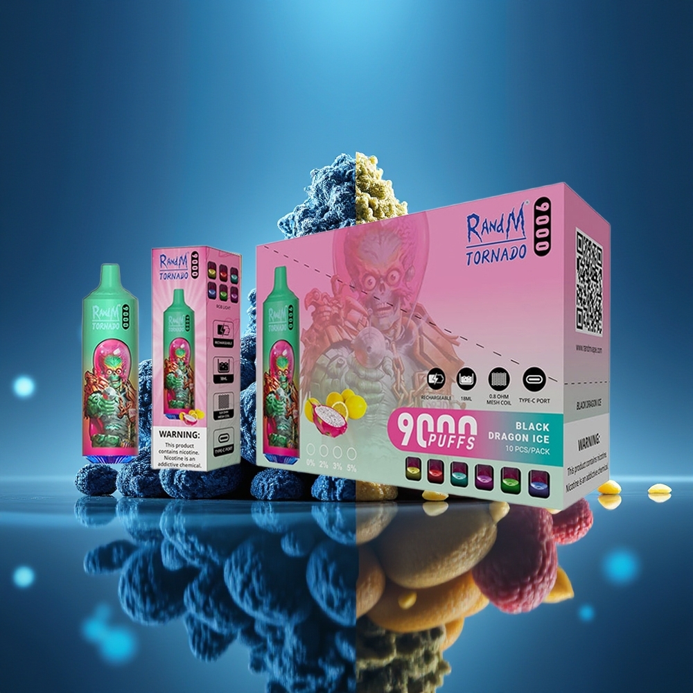 RandM Fumot Tornado 9000 Puffs Azul Frambuesa Kush con Pantalla RGB y Batería Recargable
