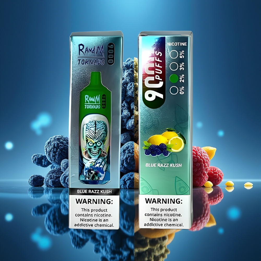 RandM Fumot Tornado 9000 Puffs Azul Frambuesa Kush con Pantalla RGB y Batería Recargable