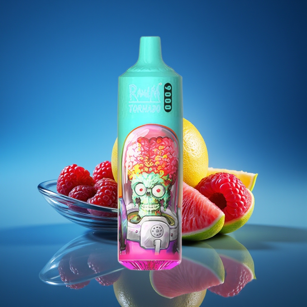 RandM Fumot Tornado 9000 Puffs Azul Frambuesa Ácida con Pantalla RGB y Batería Recargable