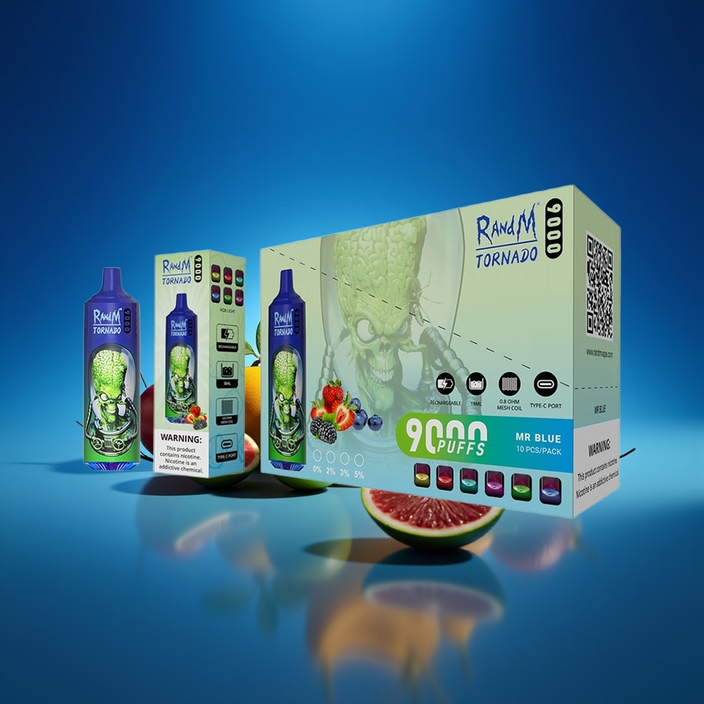RandM Fumot Tornado 9000 Puffs Mr Azul con Pantalla RGB y Bobina Mesh
