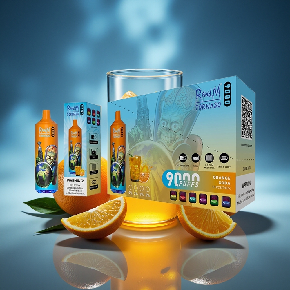 RandM Fumot Tornado 9000 Puffs Naranja Refresco Pantalla RGB