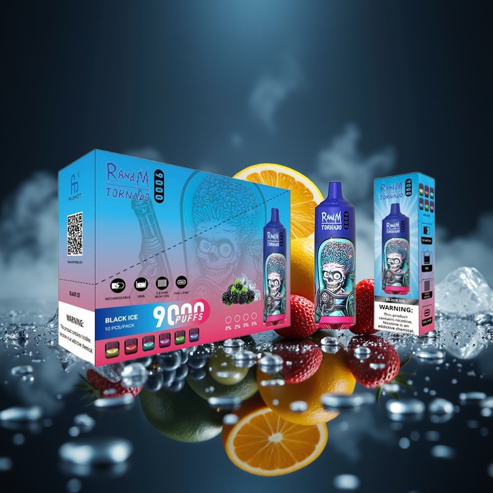RandM Fumot Tornado 9000 Puffs Negro Hielo con Pantalla RGB y Bobina Mesh
